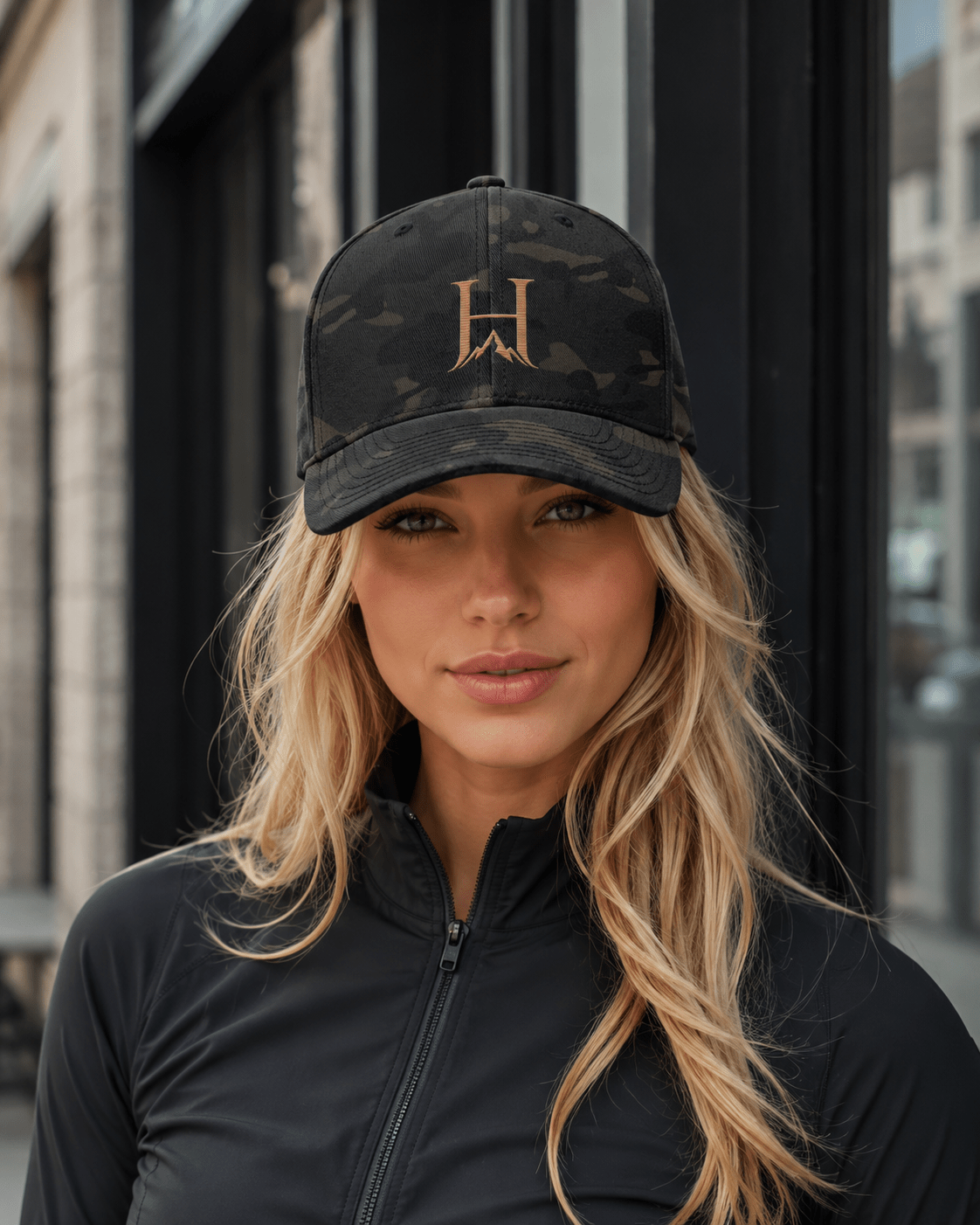 Distinction Flexfit Cap, model wearing the Black cap in the city.