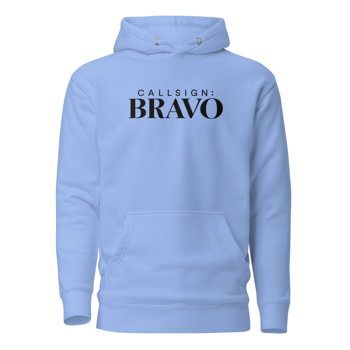 Carolina Blue God Is Good CALLSIGN: BRAVO hoodie — front mockup with chest wordmark