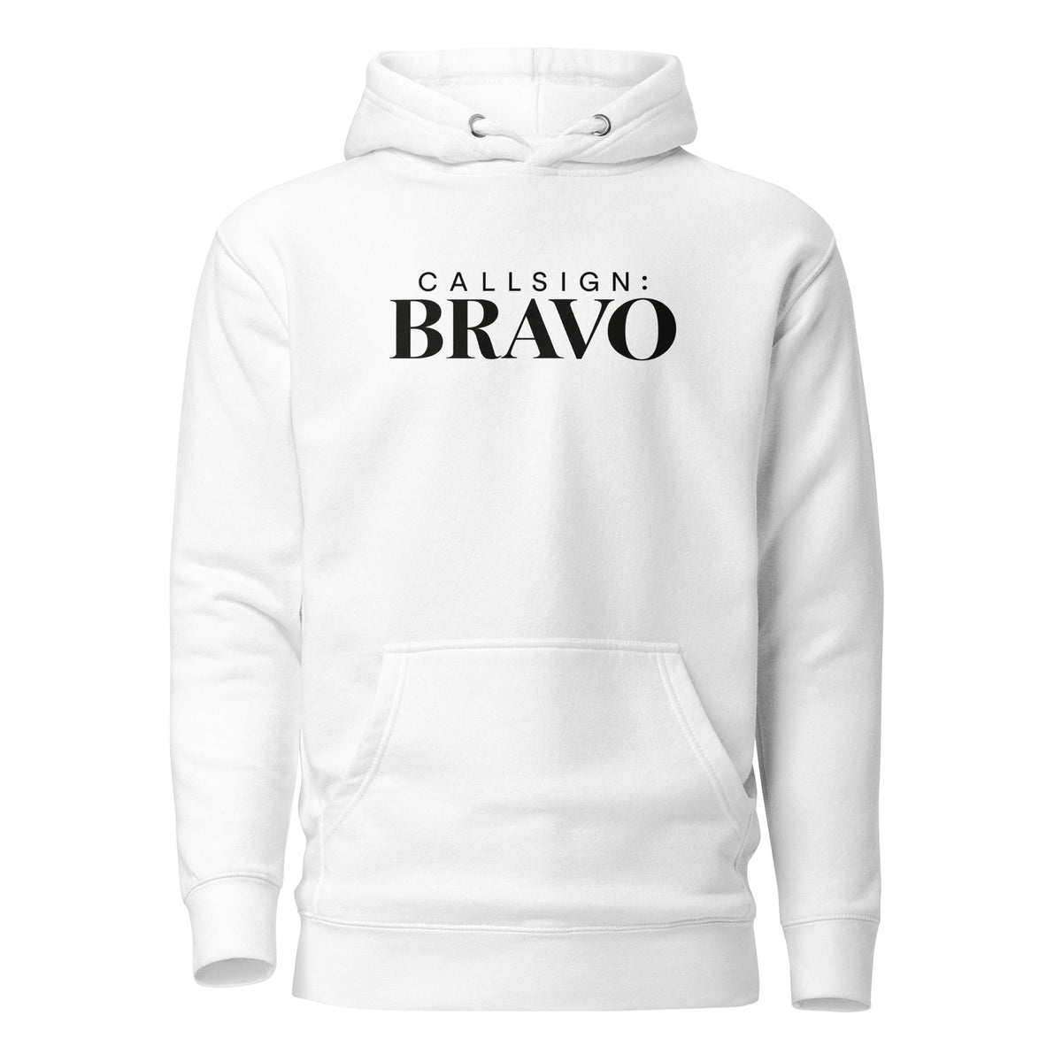 White God Is Good CALLSIGN: BRAVO hoodie — front mockup with chest wordmark