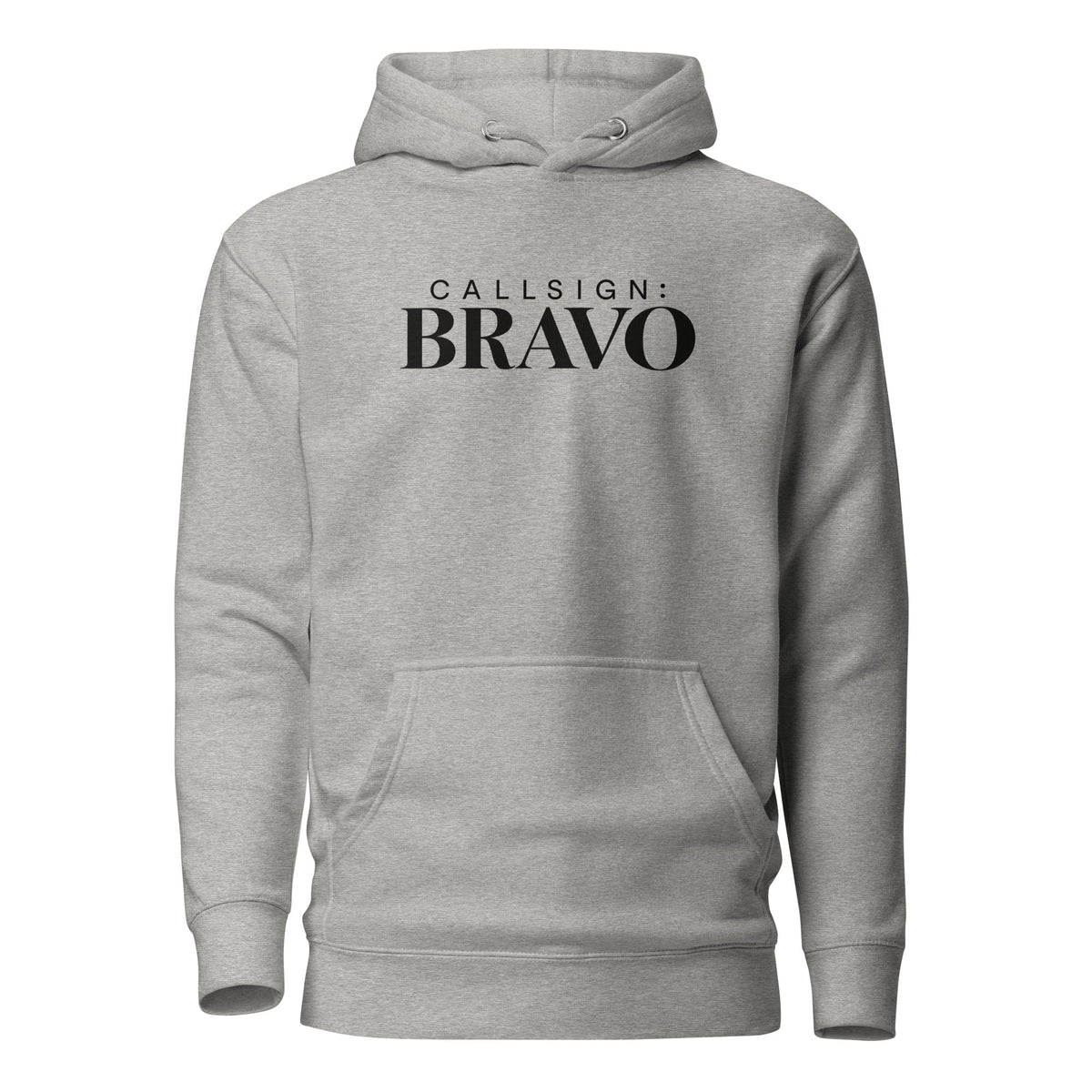 Carbon Grey God Is Good CALLSIGN: BRAVO hoodie — front mockup with chest wordmark