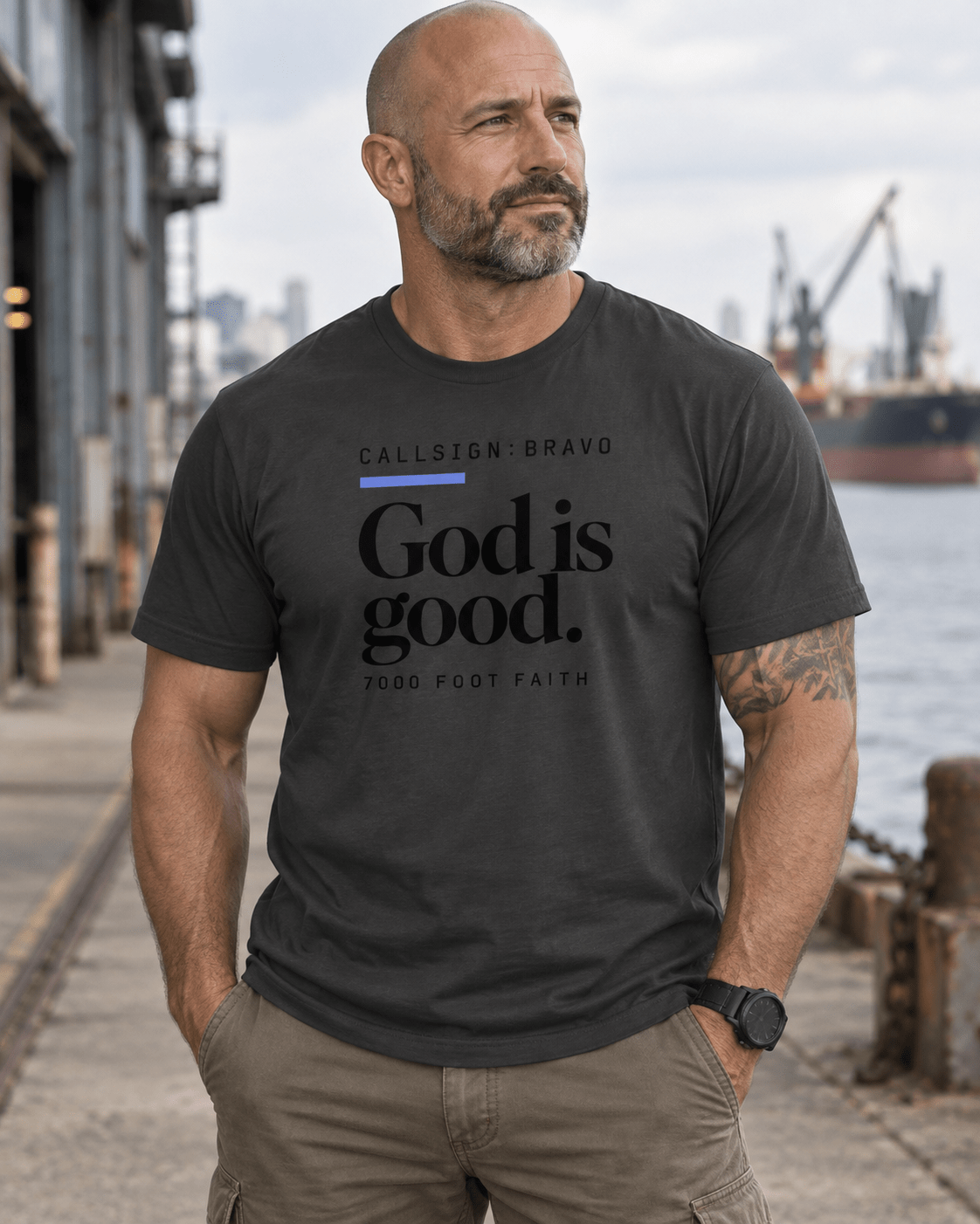 Dark Grey God Is Good CALLSIGN: BRAVO tee — male model outdoors