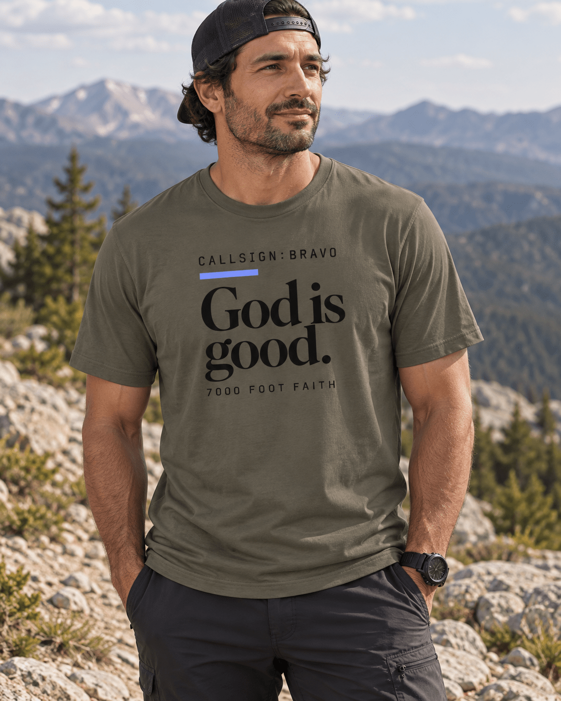 Army God Is Good CALLSIGN: BRAVO tee — male model outdoors