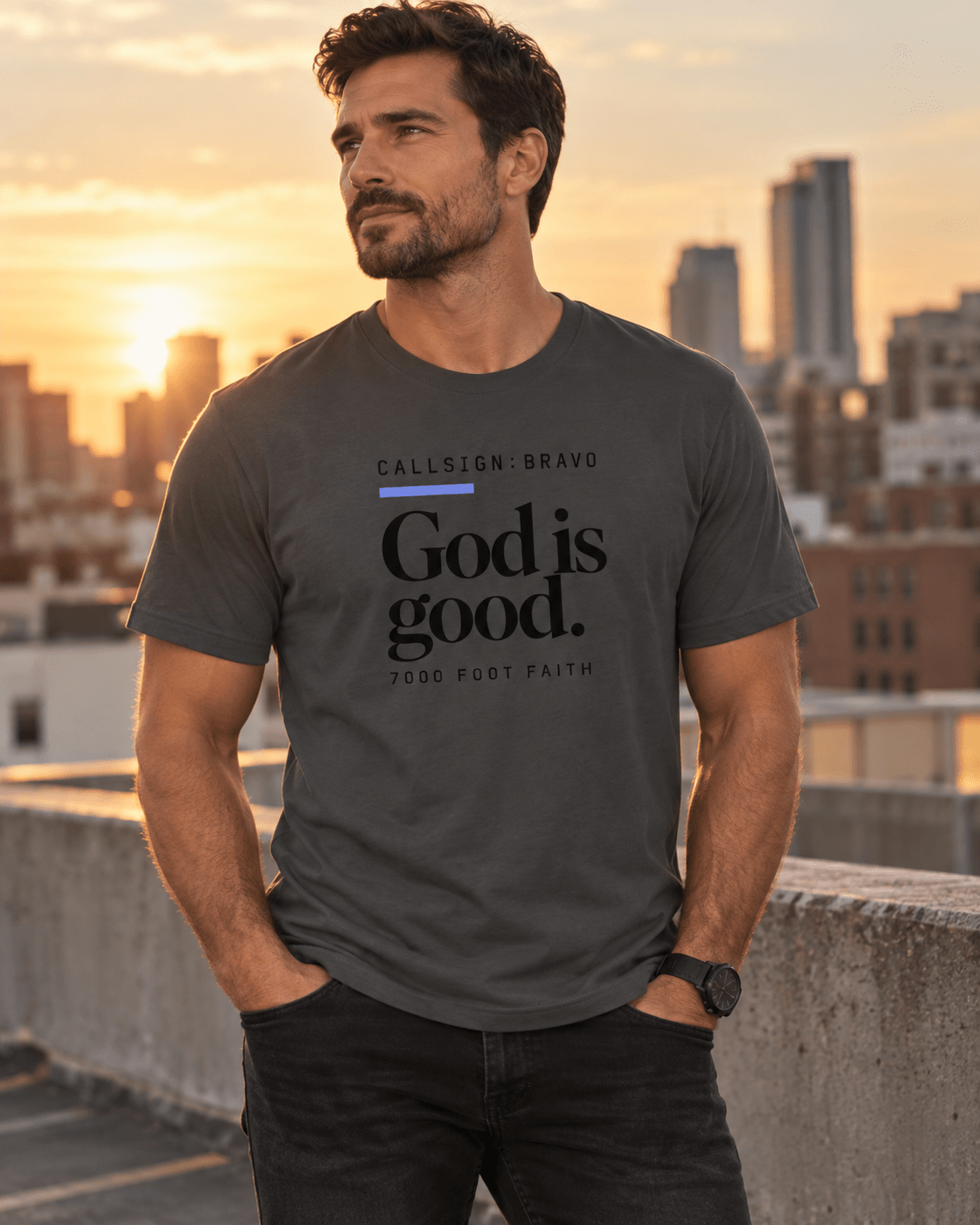 Dark Grey God Is Good CALLSIGN: BRAVO tee — male model at sunset