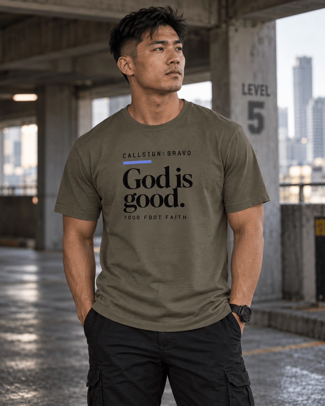 Army God Is Good CALLSIGN: BRAVO tee — male model outdoors