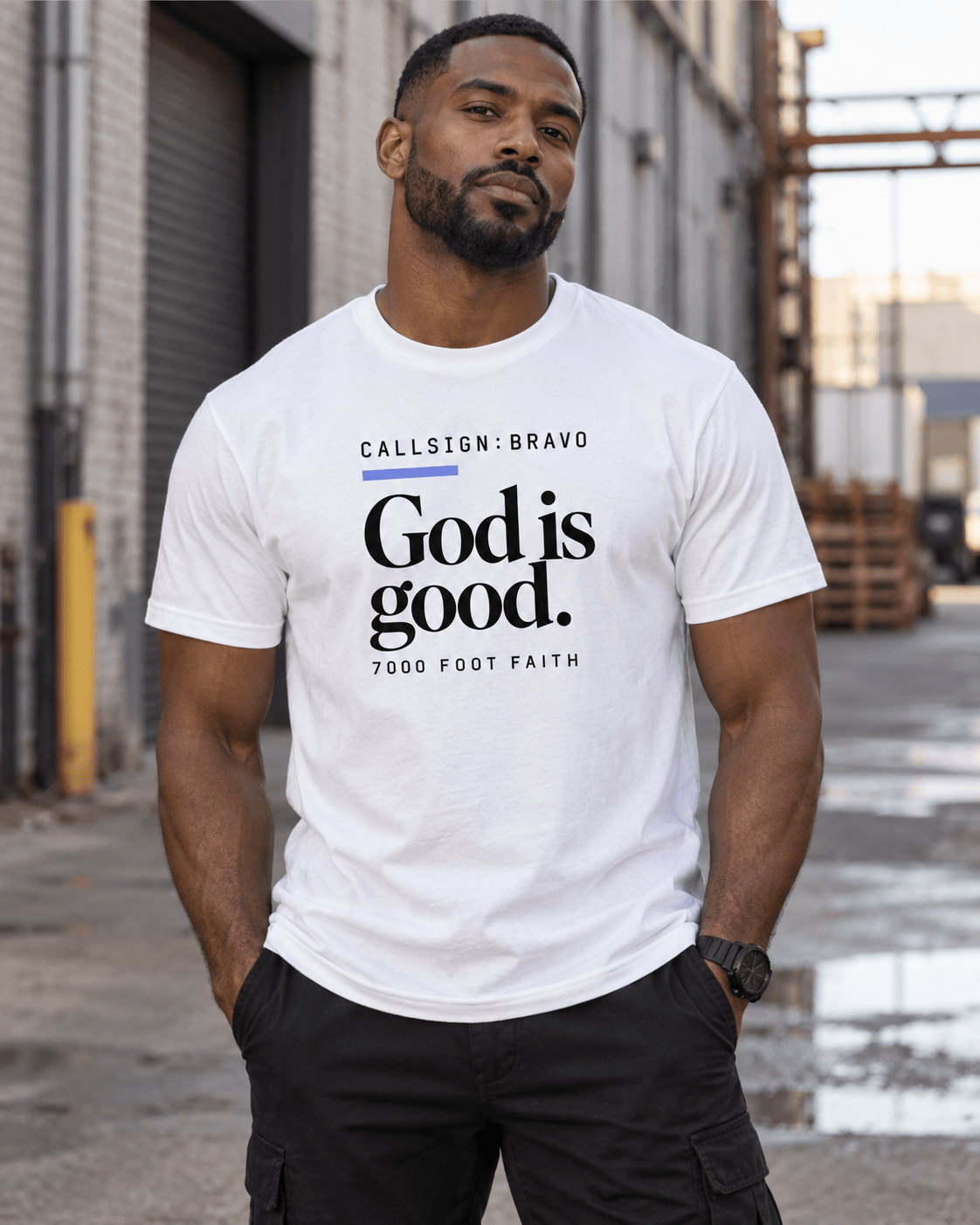 Solid White Blend God Is Good CALLSIGN: BRAVO tee — male model outdoors
