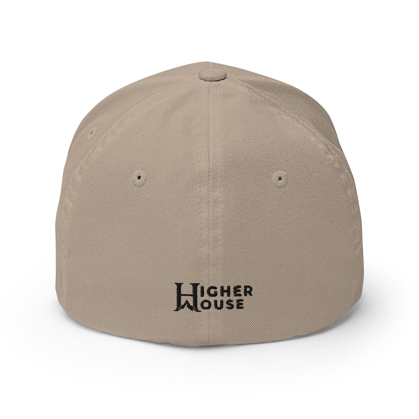 Heritage Flexfit Cap, Khaki cap back wordmark view.