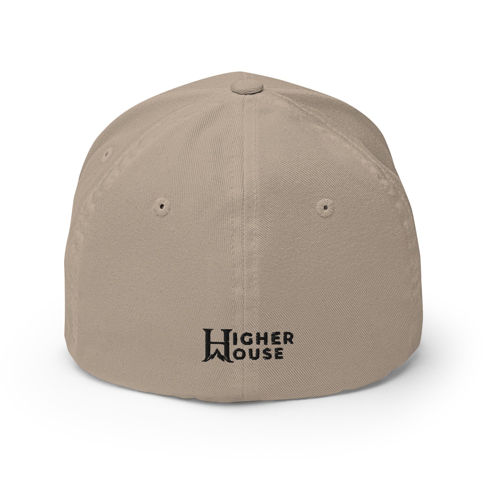 Heritage Flexfit Cap, Khaki cap back wordmark view.