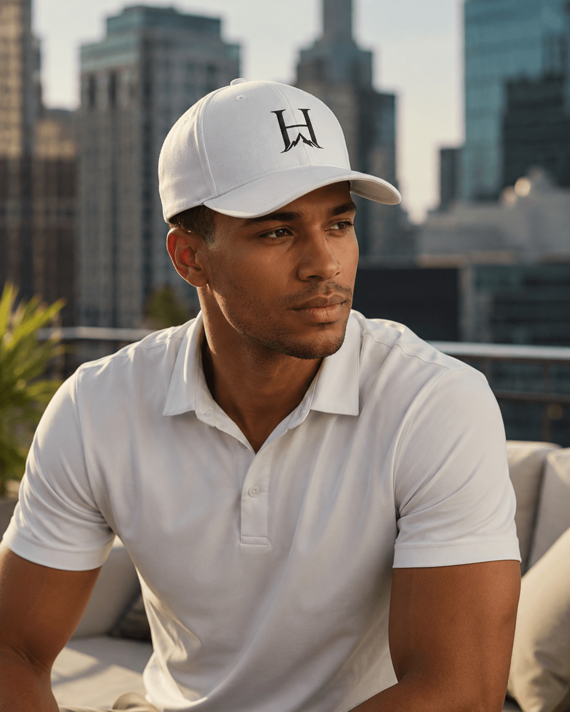 Heritage Flexfit Cap, model wearing the White cap in the city.