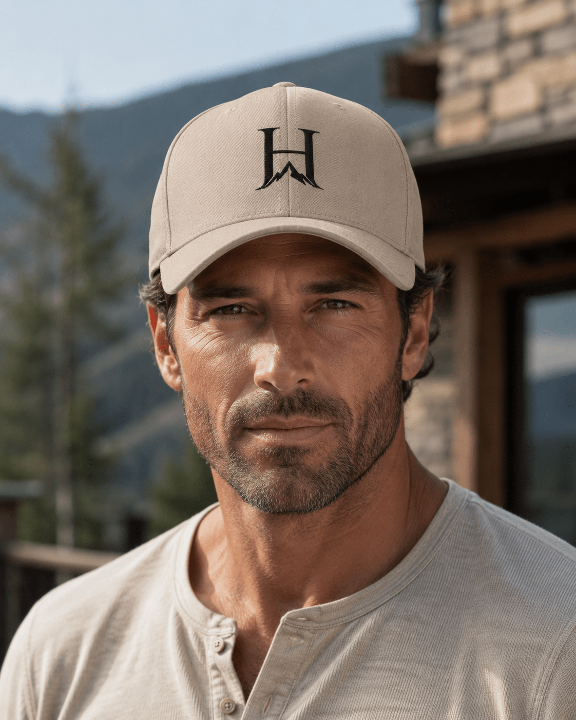Heritage Flexfit Cap, model wearing the Khaki cap outdoors.