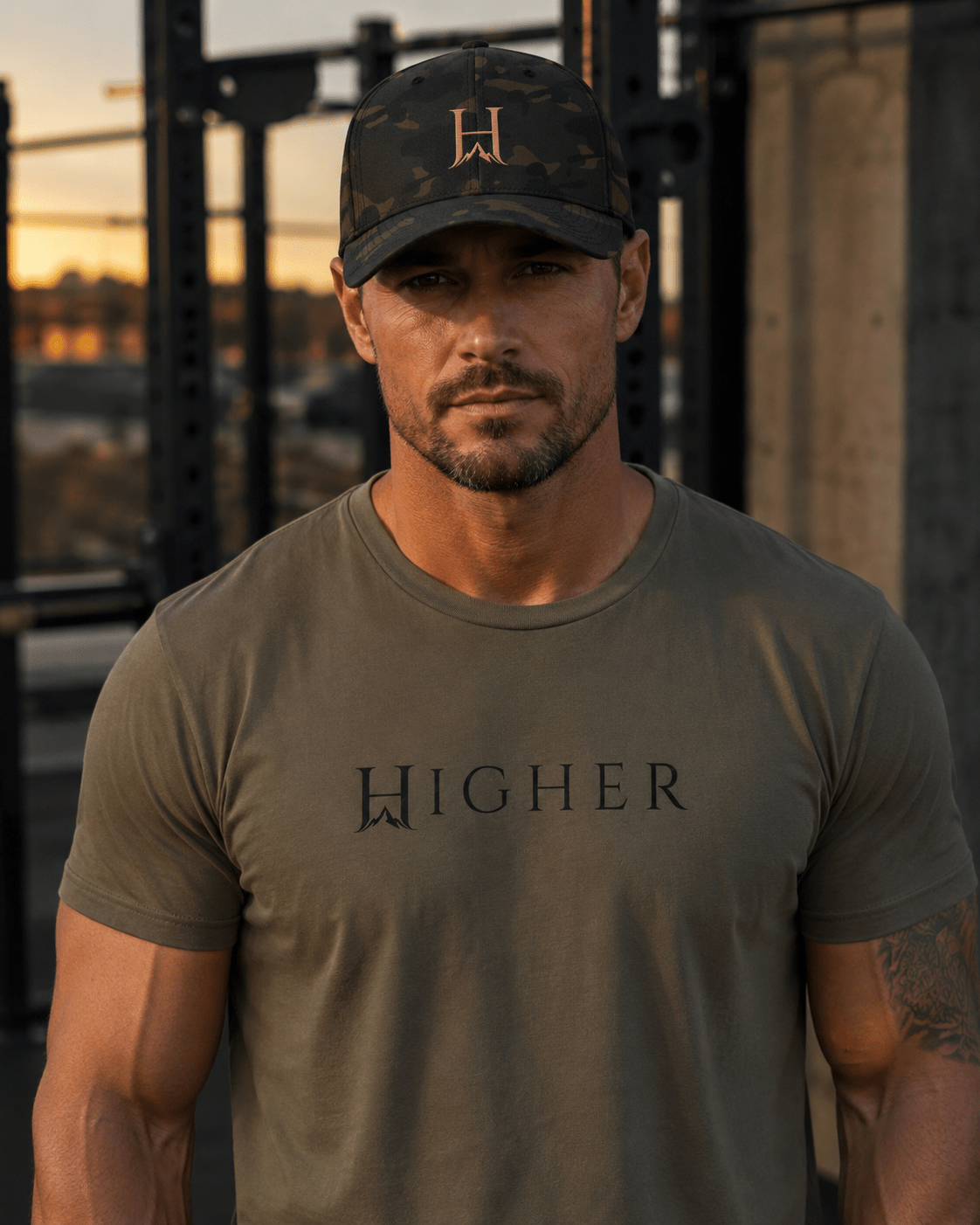 Distinction Flexfit Cap, model wearing the Distinction cap with a Lightborne HIGHER Tee.