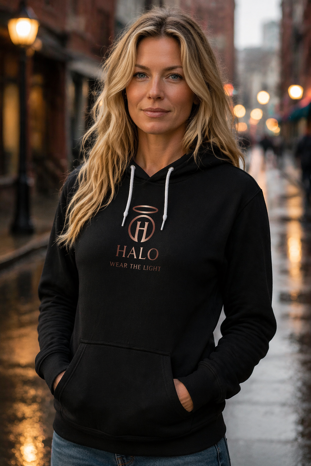 Woman wearing a black hoodie with 'HALO' logo on a city street.