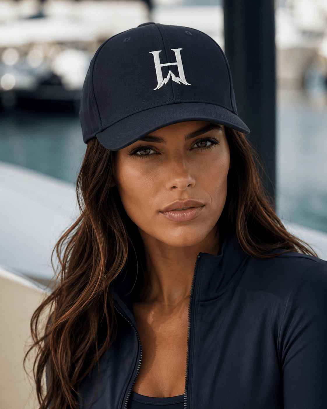 Notorious Flexfit Cap, model wearing the dark cap at a cafe.