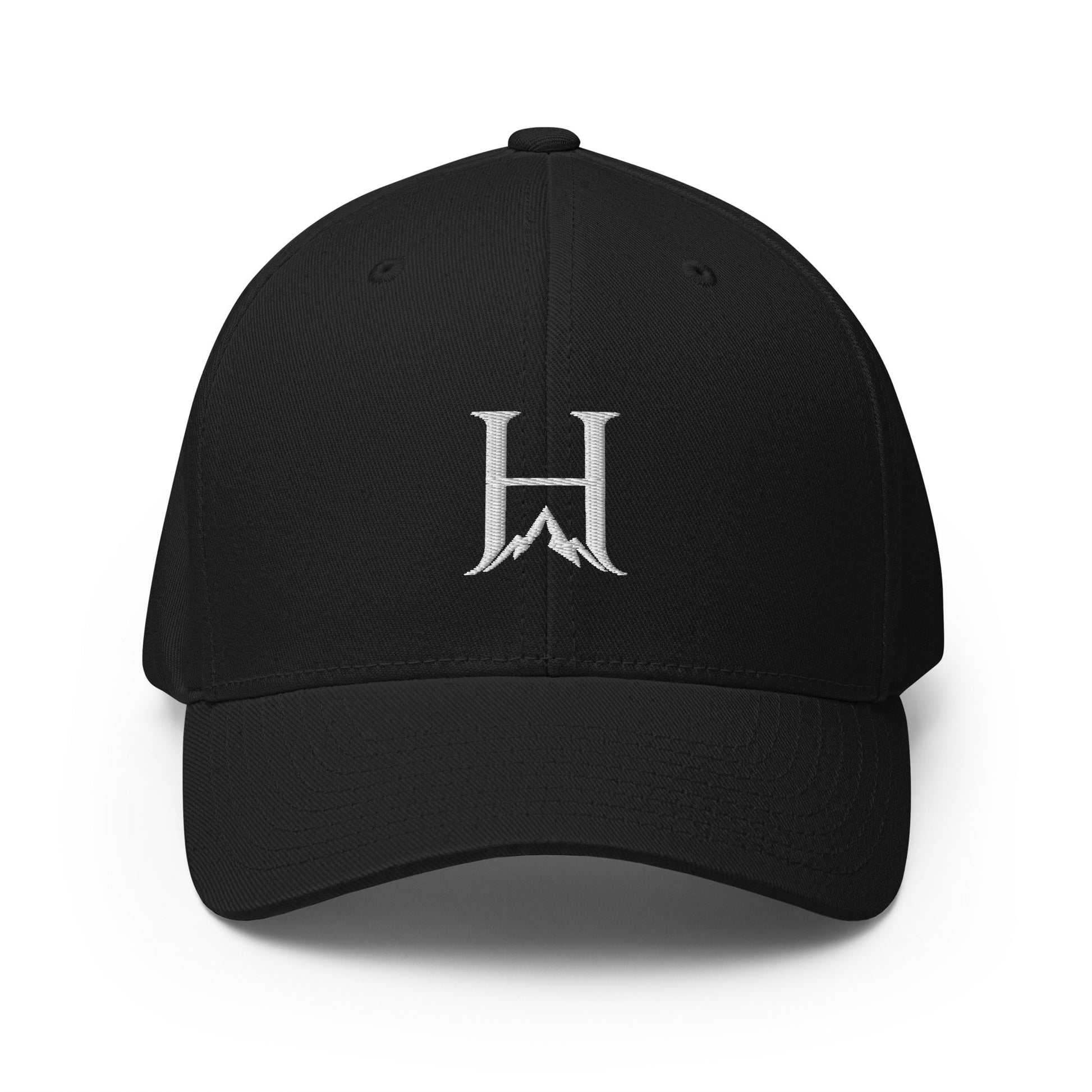 Notorious Flexfit Cap, Black cap High Mark front-embroidery close-up.