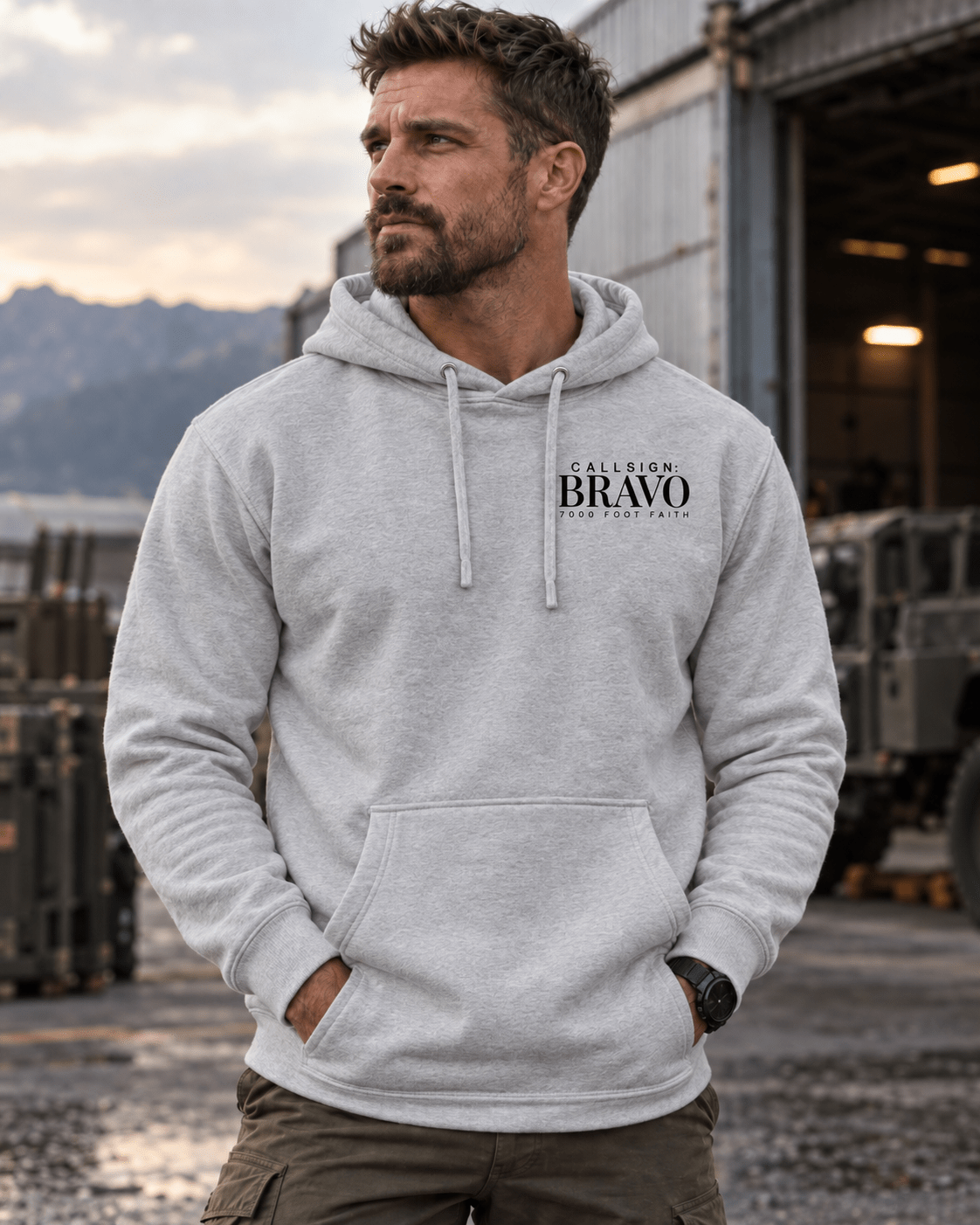 Carbon Grey The Approach Dark CALLSIGN: BRAVO hoodie — male model, front view