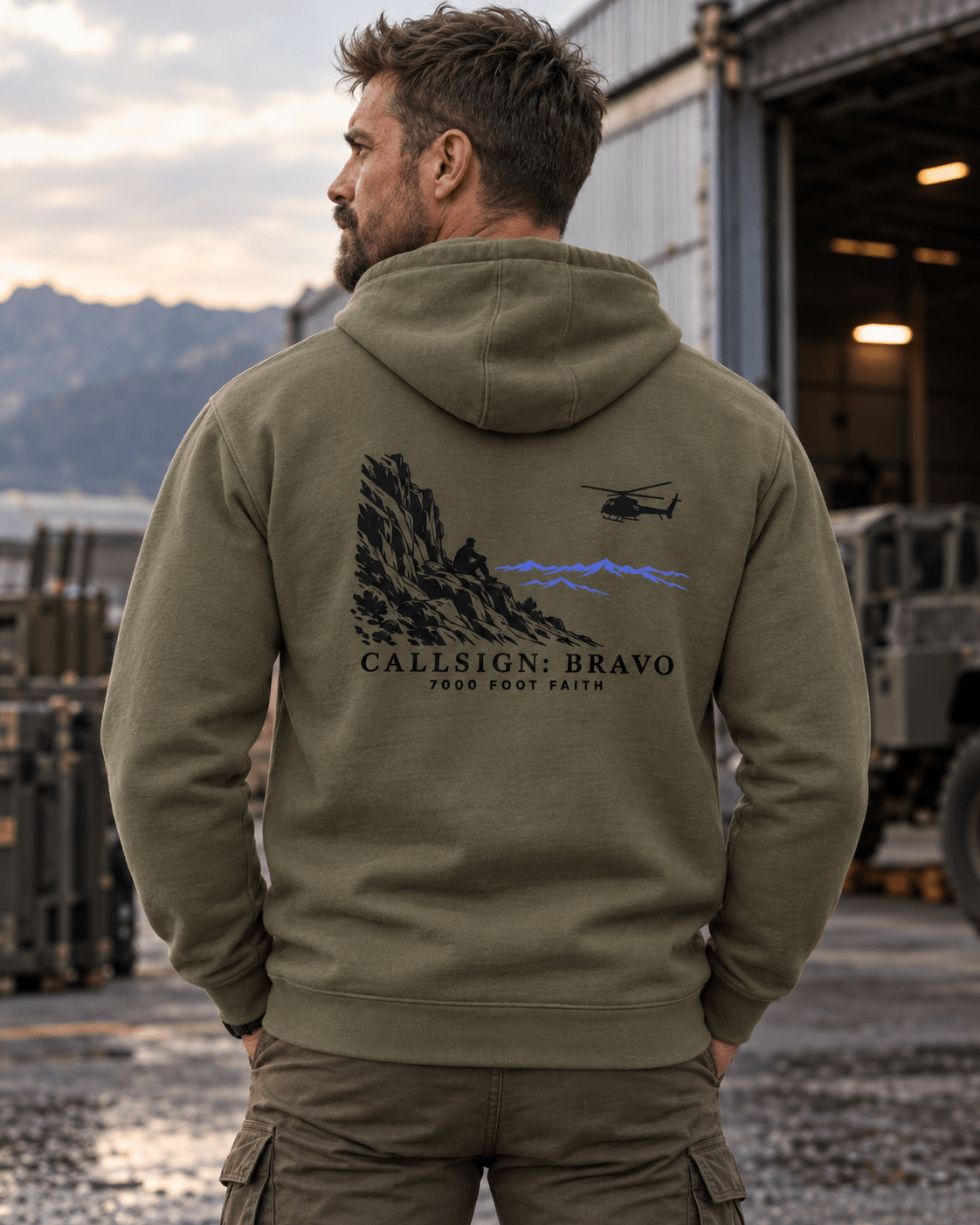 Military Green The Approach Dark CALLSIGN: BRAVO hoodie — male model, back view