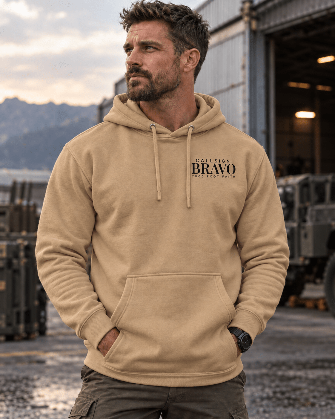 Khaki The Approach Dark CALLSIGN: BRAVO hoodie — male model, front view