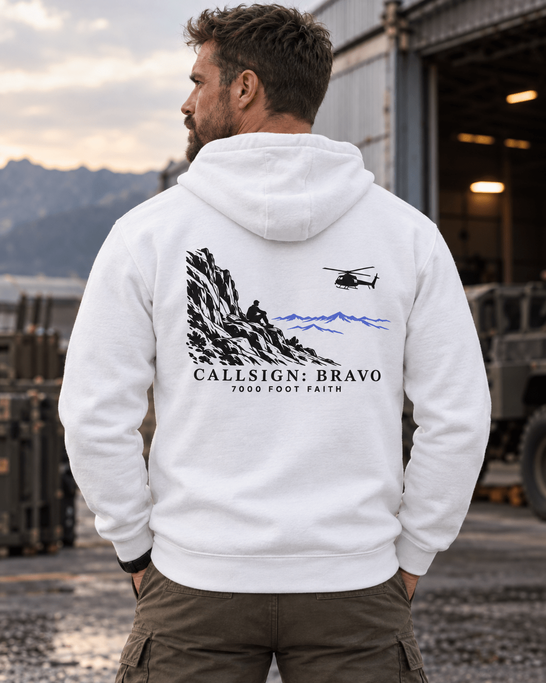 White The Approach Dark CALLSIGN: BRAVO hoodie — male model, back view