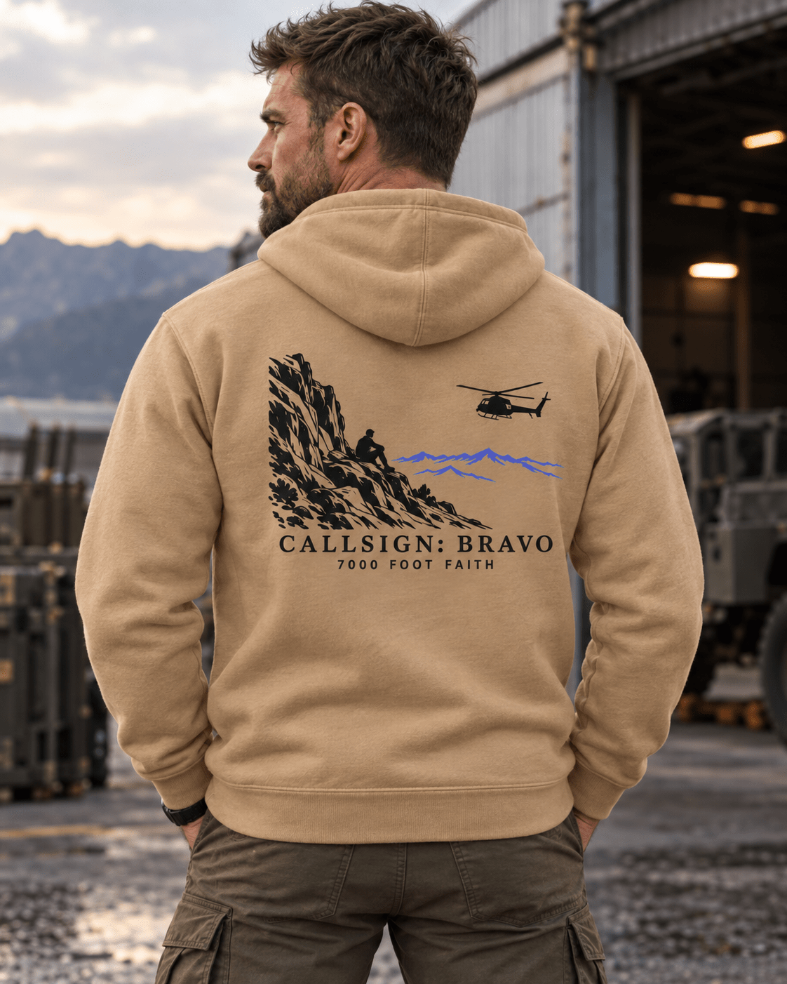 Khaki The Approach Dark CALLSIGN: BRAVO hoodie — male model, back view