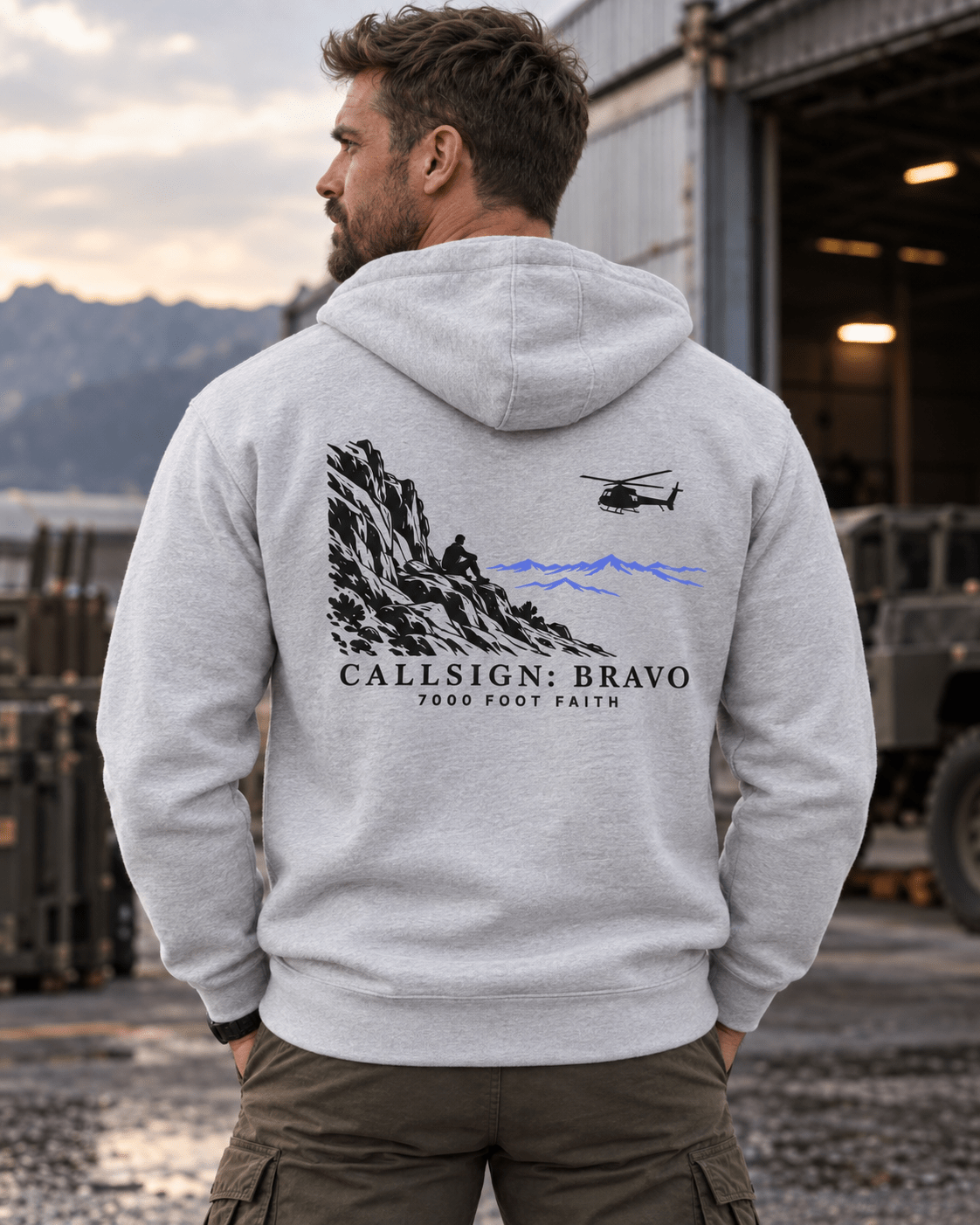 Carbon Grey The Approach Dark CALLSIGN: BRAVO hoodie — male model, back view
