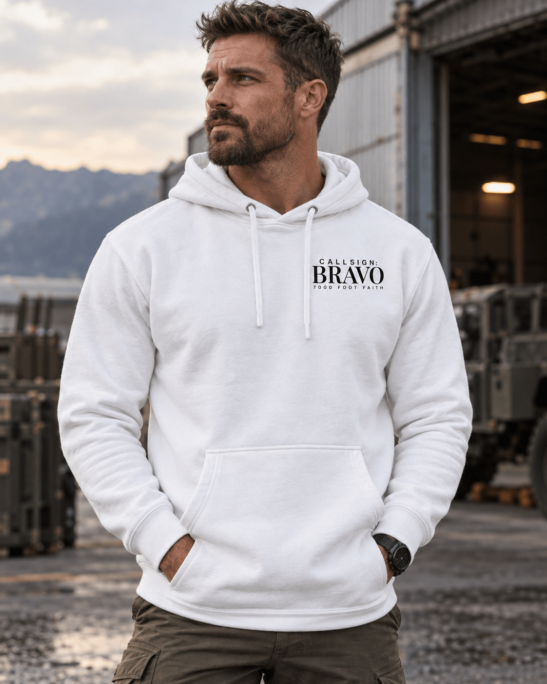 White The Approach Dark CALLSIGN: BRAVO hoodie — male model, front view