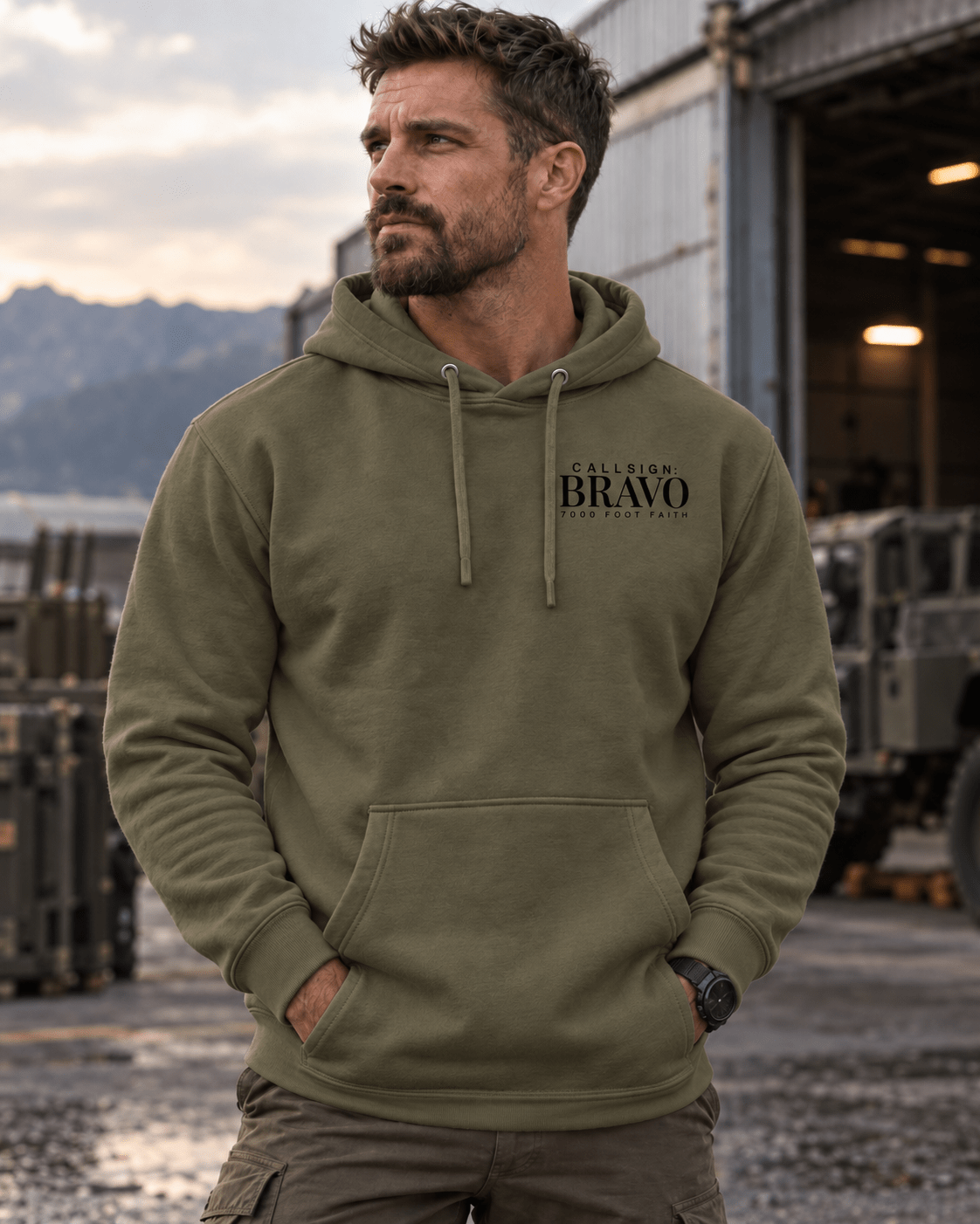 Military Green The Approach Dark CALLSIGN: BRAVO hoodie — male model, front view