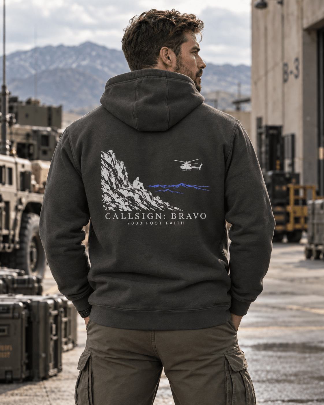 Vintage Black The Approach Silver CALLSIGN: BRAVO hoodie — male model, back view