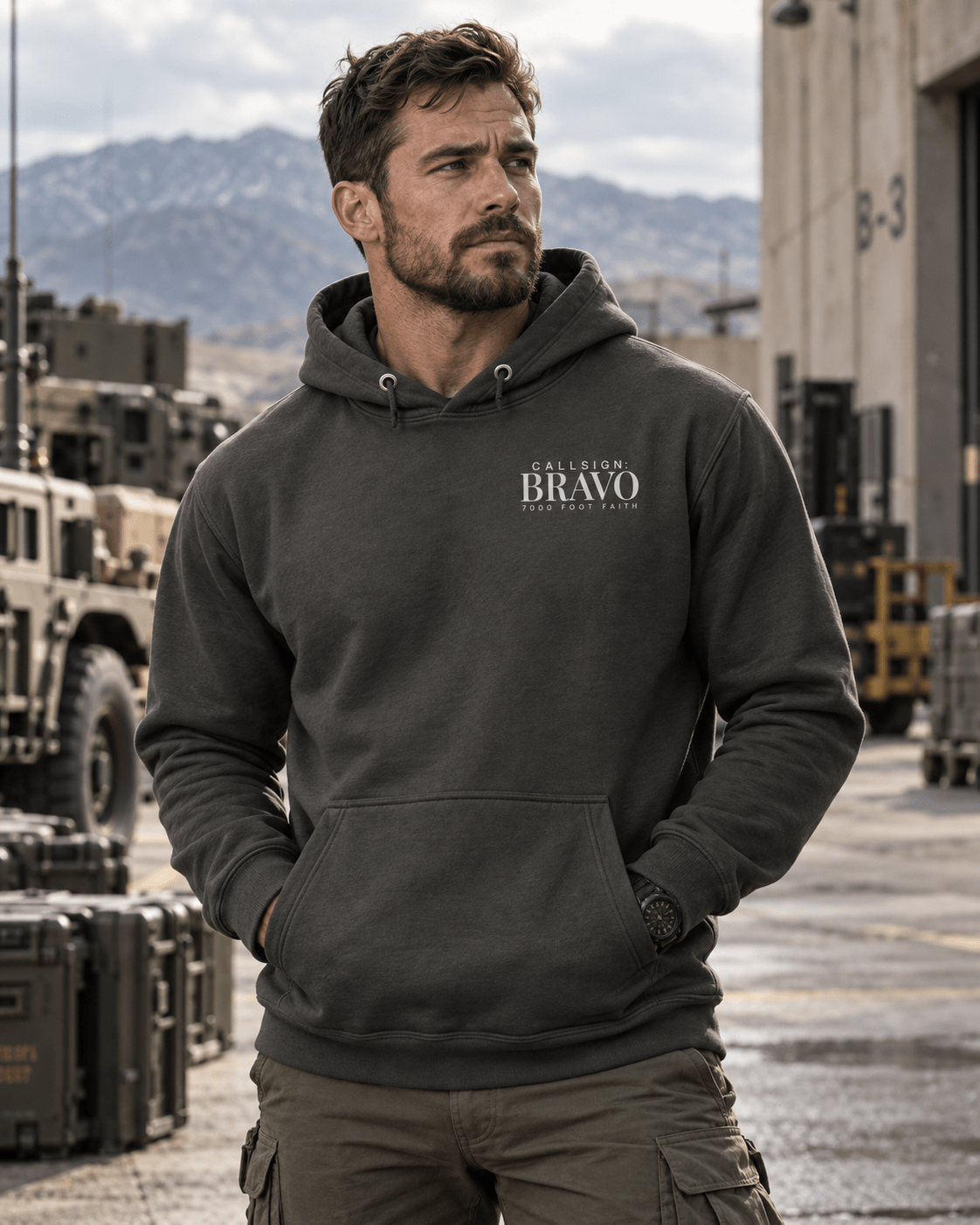 Vintage Black The Approach Silver CALLSIGN: BRAVO hoodie — male model, front view