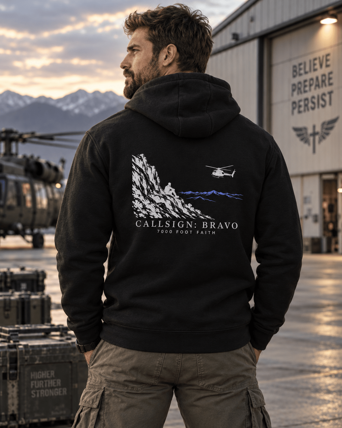Black The Approach Silver CALLSIGN: BRAVO hoodie — male model, back view