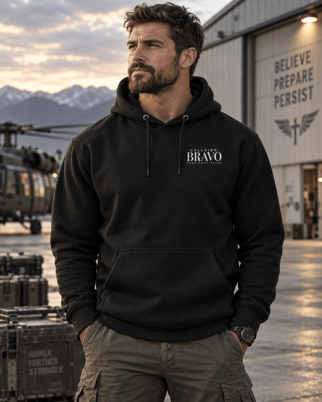 Black The Approach Silver CALLSIGN: BRAVO hoodie — male model, front view