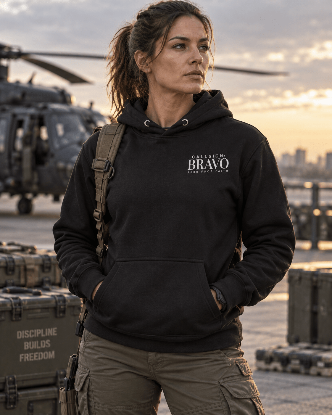 Black The Approach Silver CALLSIGN: BRAVO hoodie — female model, front view