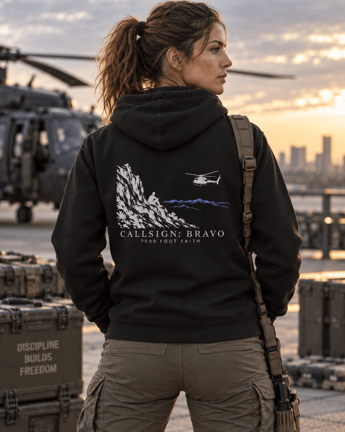 Black The Approach Silver CALLSIGN: BRAVO hoodie — female model, back view