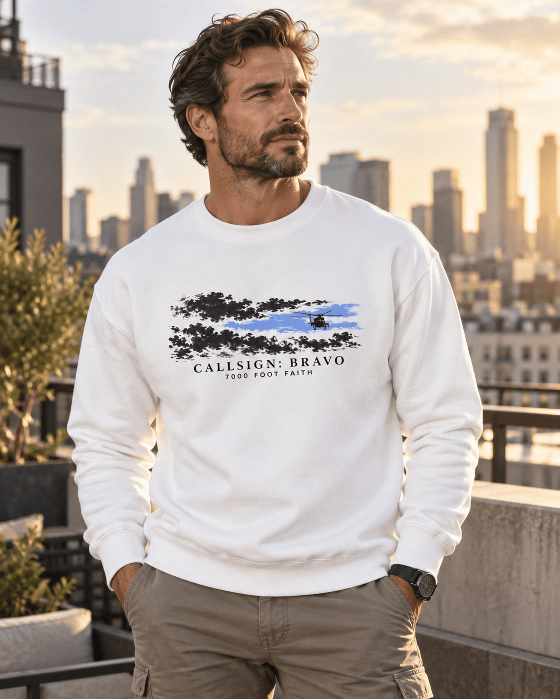White The Opening CALLSIGN: BRAVO crewneck — male model, front view