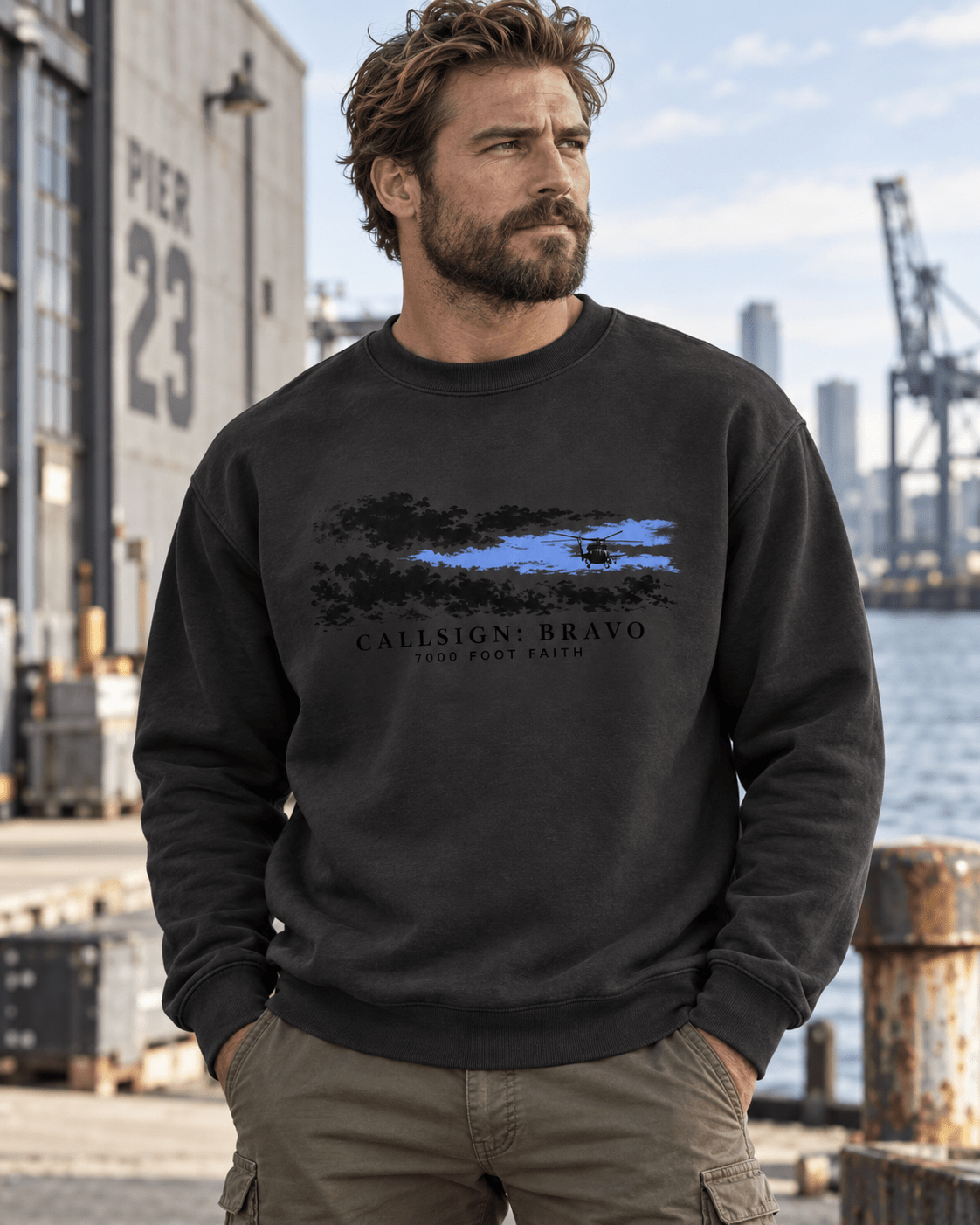 Vintage Black The Opening CALLSIGN: BRAVO crewneck — male model, front view