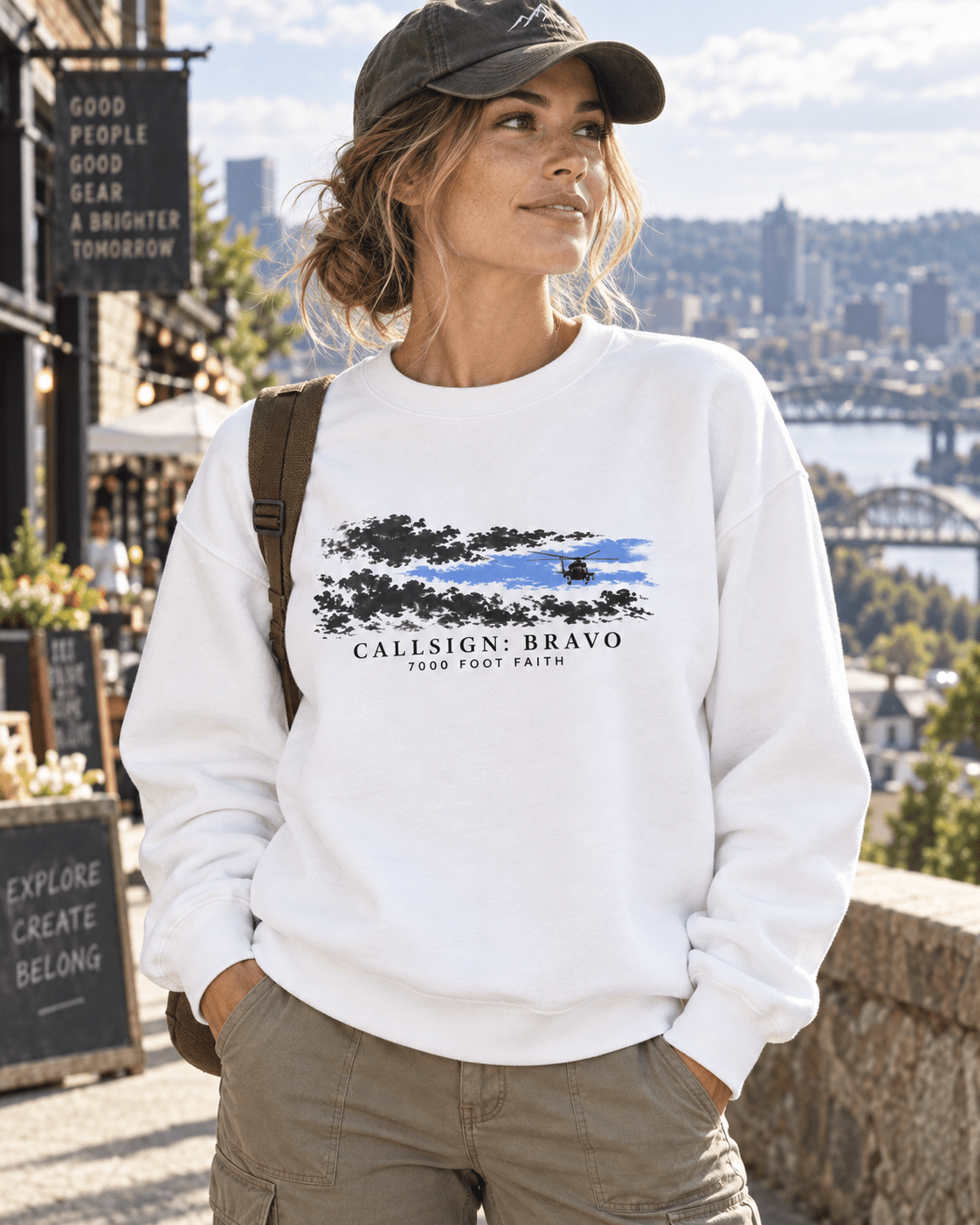 White The Opening CALLSIGN: BRAVO crewneck — female model, front view