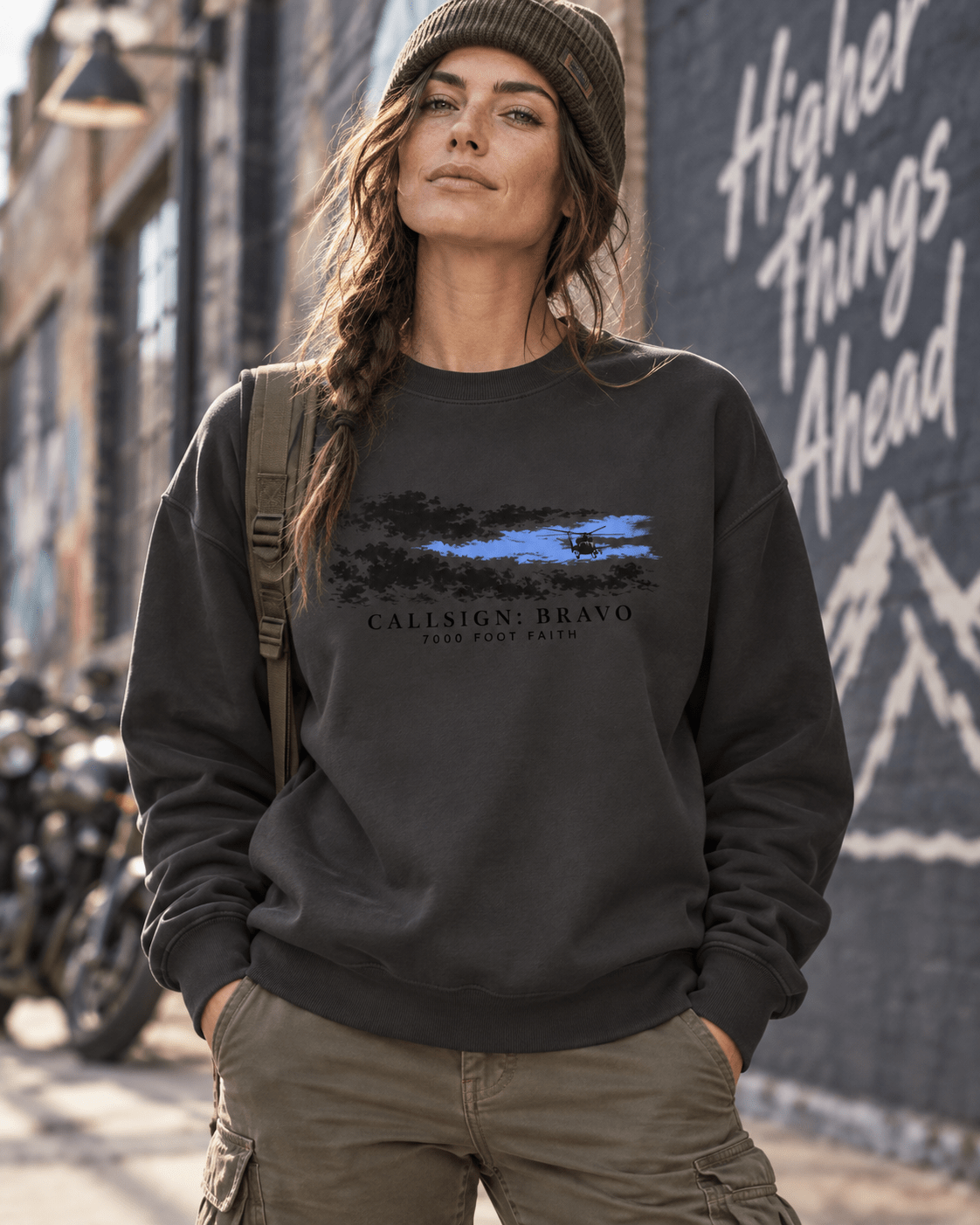 Vintage Black The Opening CALLSIGN: BRAVO crewneck — female model, front view