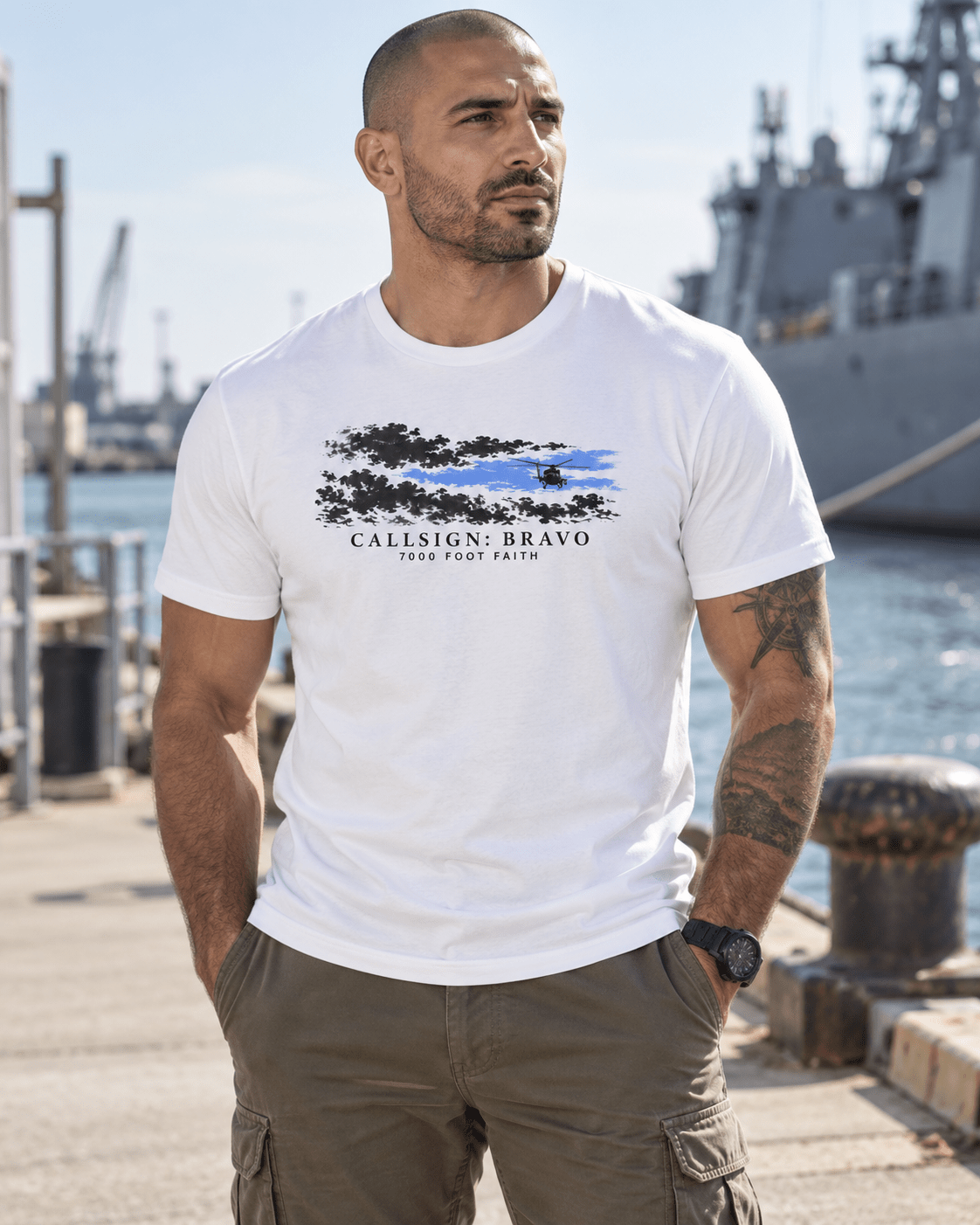 White The Opening CALLSIGN: BRAVO tee — male model outdoors, front view