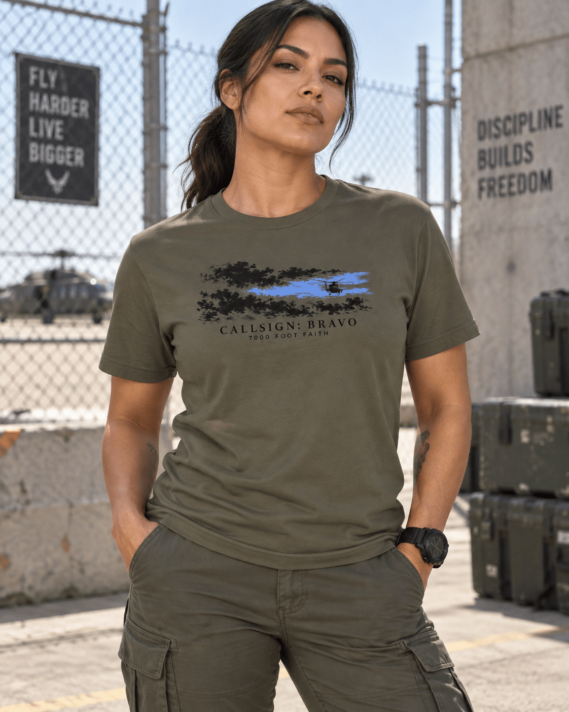 Army The Opening CALLSIGN: BRAVO tee — female model, front view