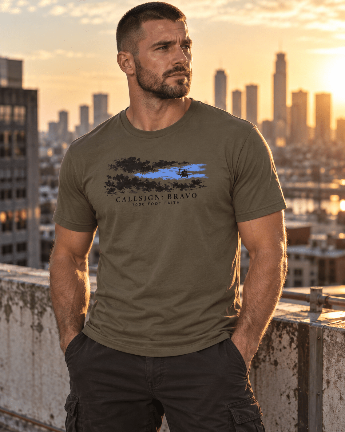 Army The Opening CALLSIGN: BRAVO tee — male model at sunset, front view