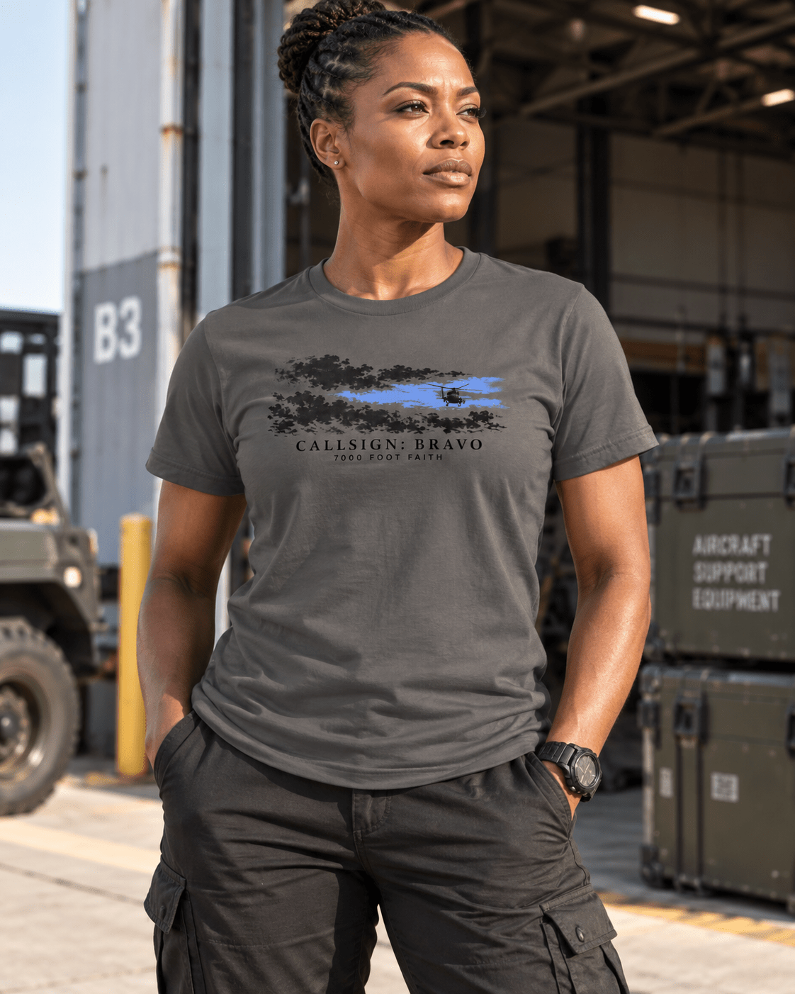 Asphalt The Opening CALLSIGN: BRAVO tee — female model, front view