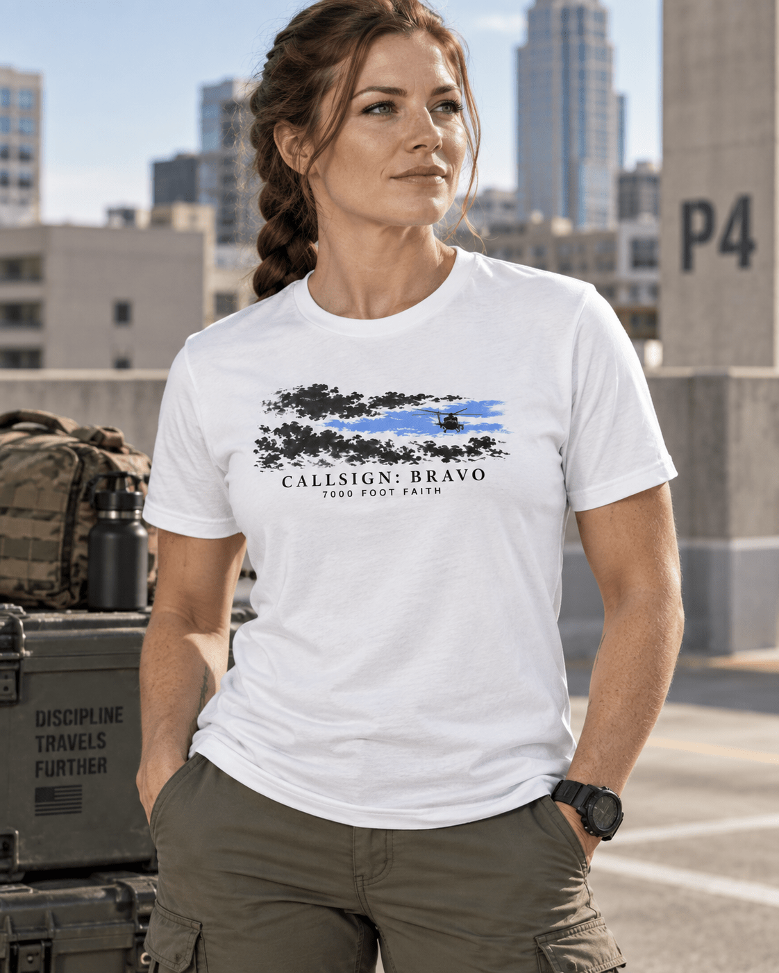 White The Opening CALLSIGN: BRAVO tee — female model, front view