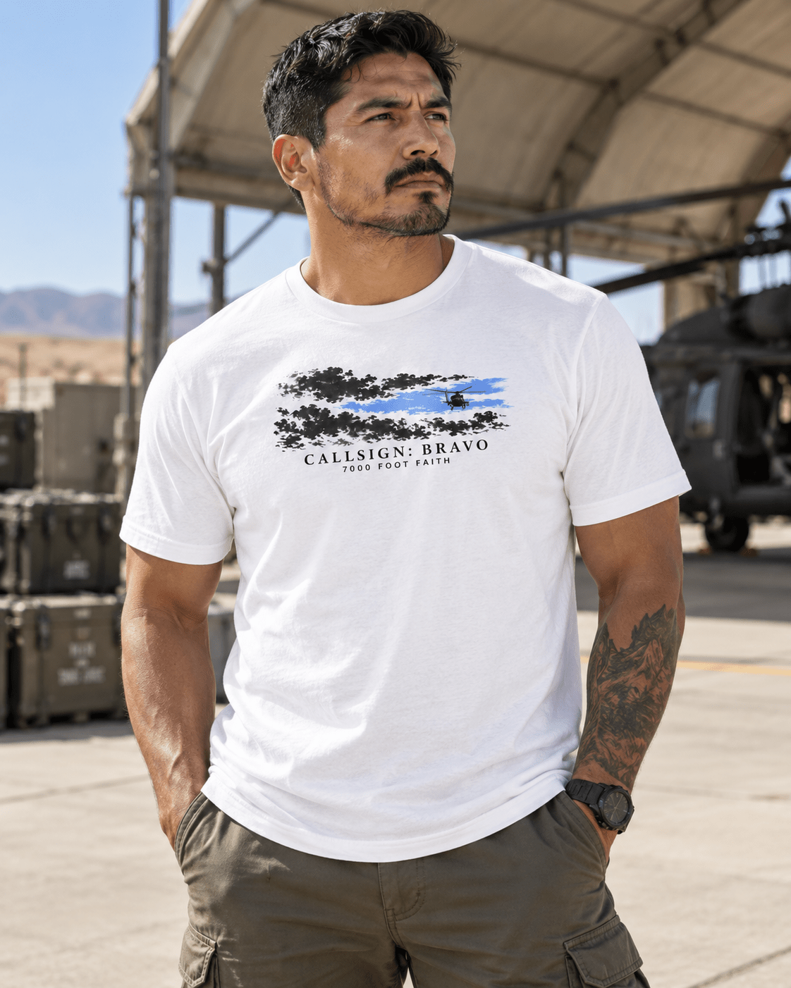 White The Opening CALLSIGN: BRAVO tee — male model outdoors, front view