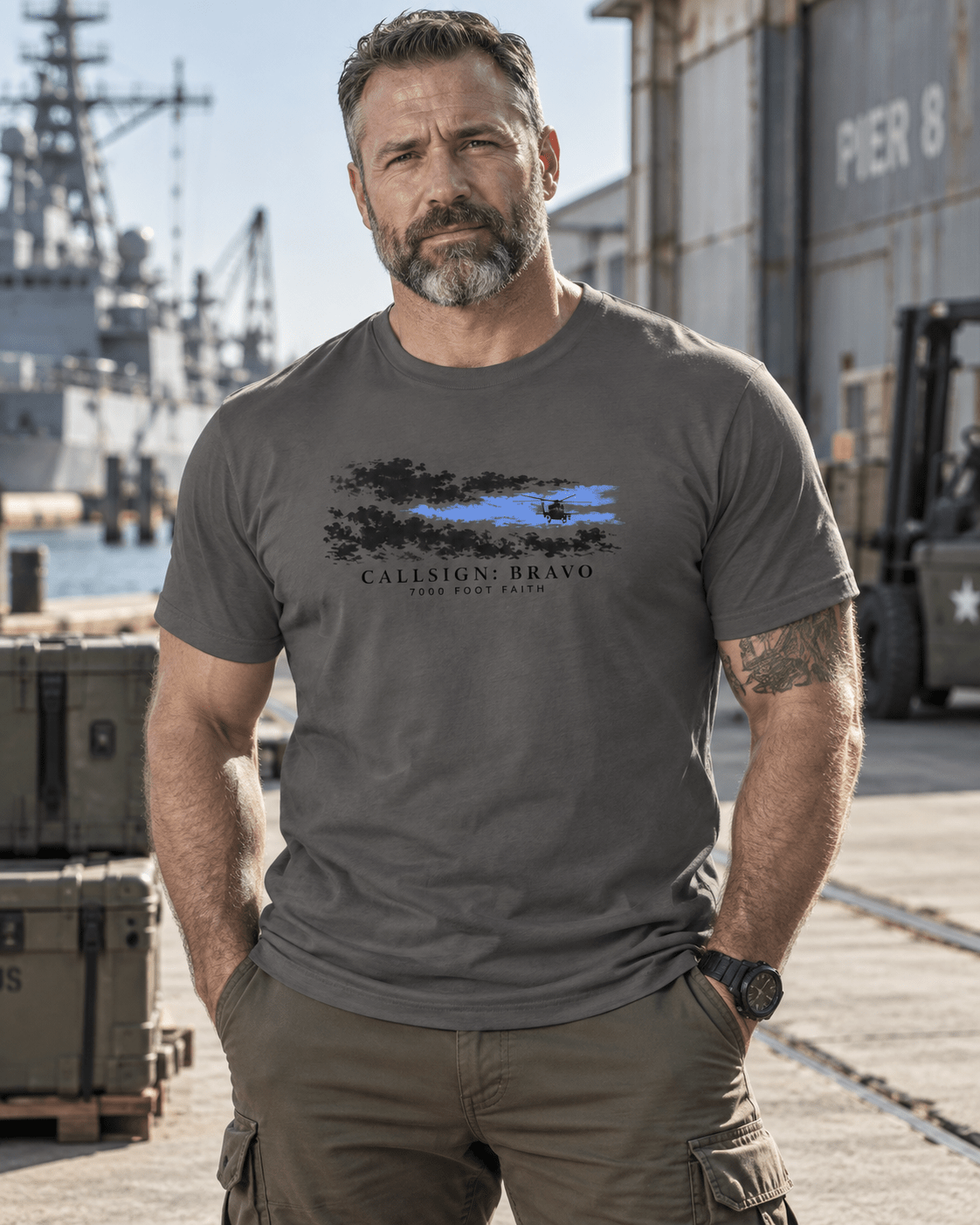 Asphalt The Opening CALLSIGN: BRAVO tee — male model outdoors, front view