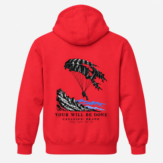 Team Red Your Will Be Done: Descent CALLSIGN: BRAVO hoodie — back mockup with parachute and mountain artwork