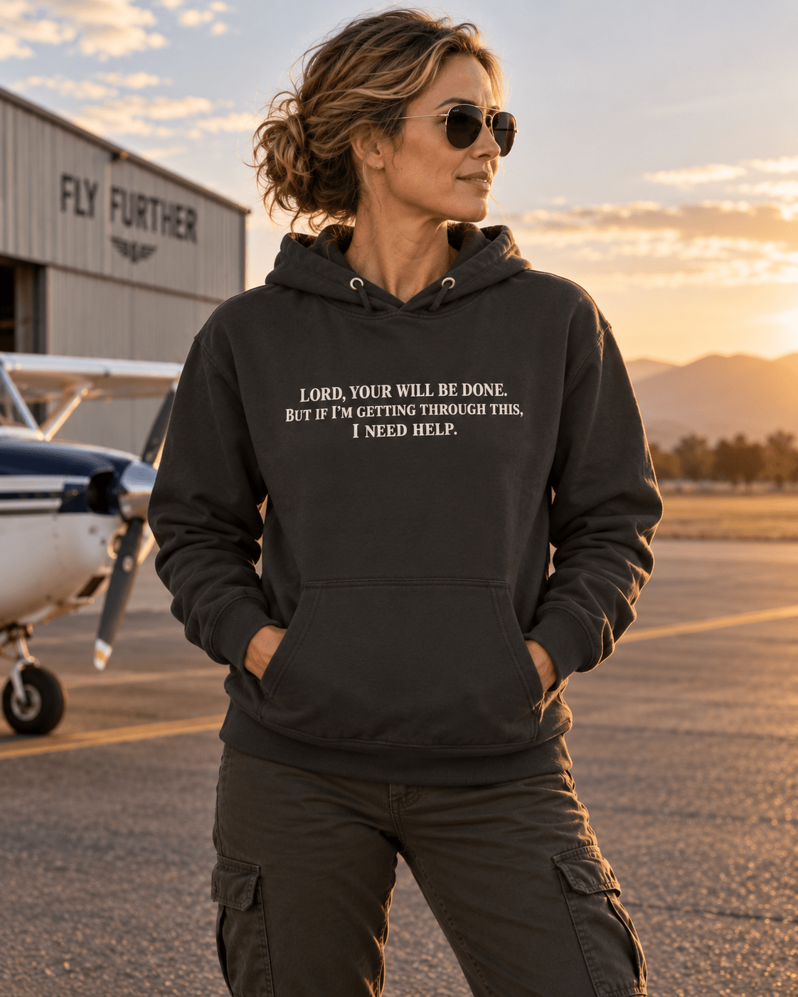Woman wearing a Vintage Black Your Will Be Done: Descent CALLSIGN: BRAVO hoodie beside an aircraft hangar — front view