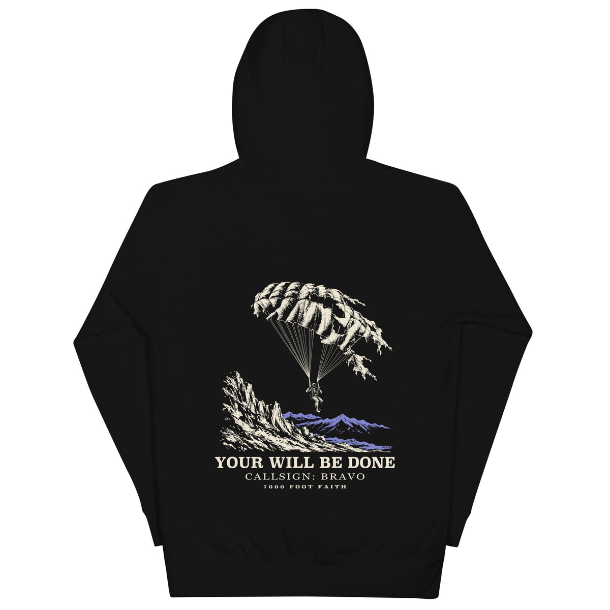 Black DESCENT faith hoodie, back view showing parachute and mountain artwork with Your Will Be Done lettering