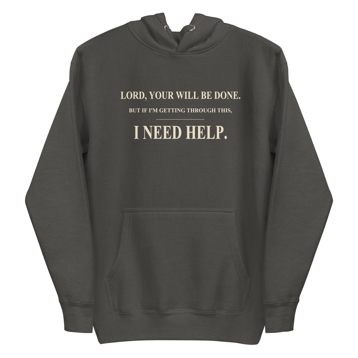 Vintage Black DESCENT faith hoodie, front view showing Your Will Be Done and I Need Help lettering