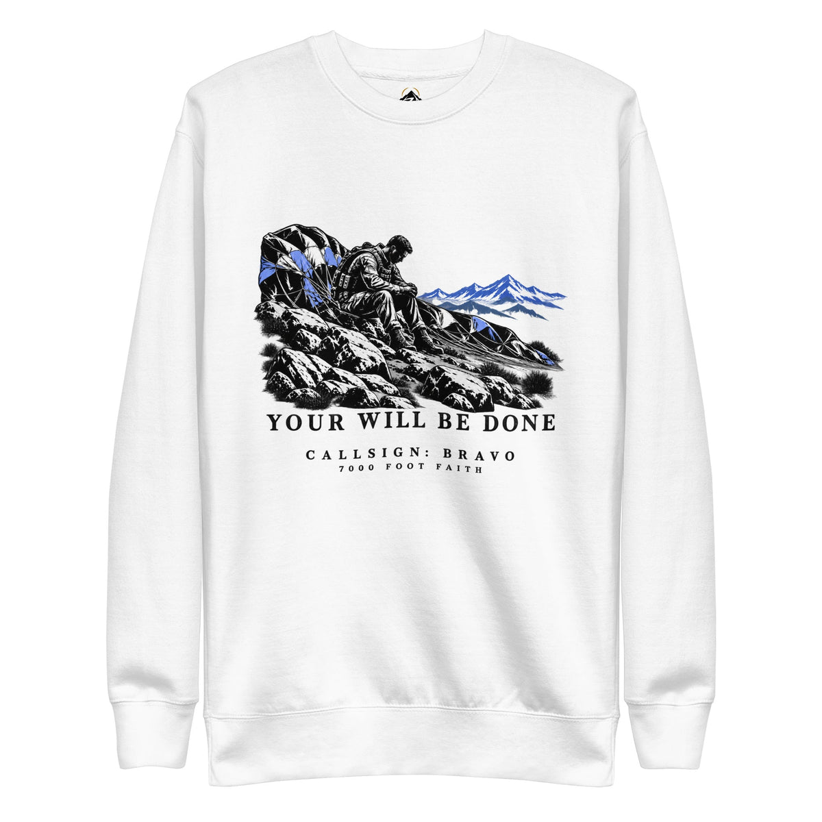 White Your Will Be Done: The Aftermath CALLSIGN: BRAVO crewneck — front mockup with seated figure and fallen parachute artwork