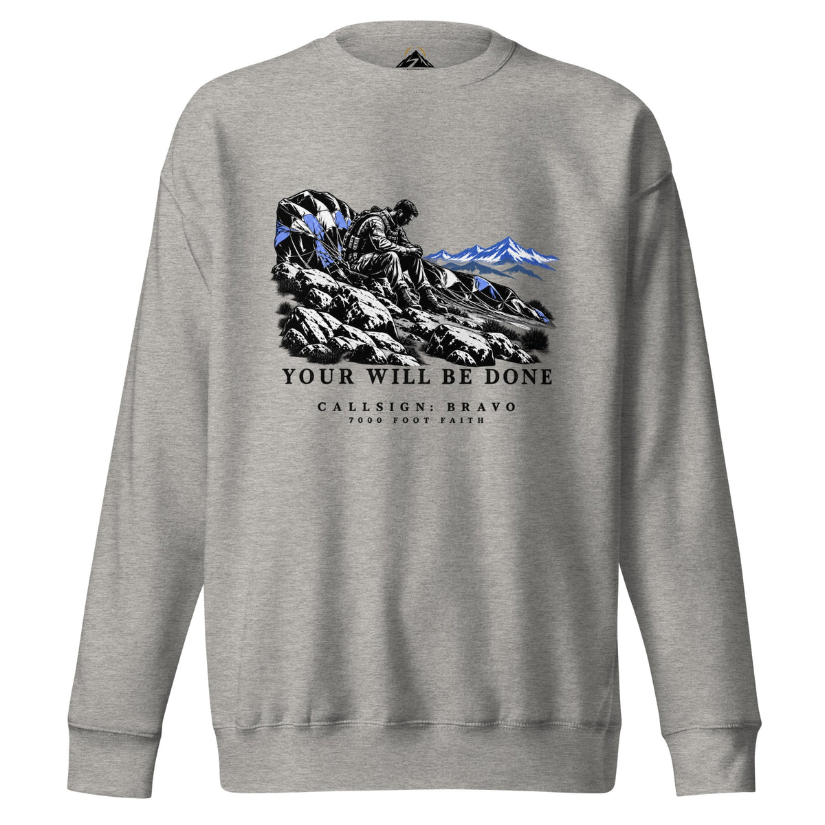 Carbon Grey Your Will Be Done: The Aftermath CALLSIGN: BRAVO crewneck — angled front mockup with seated figure and fallen parachute artwork