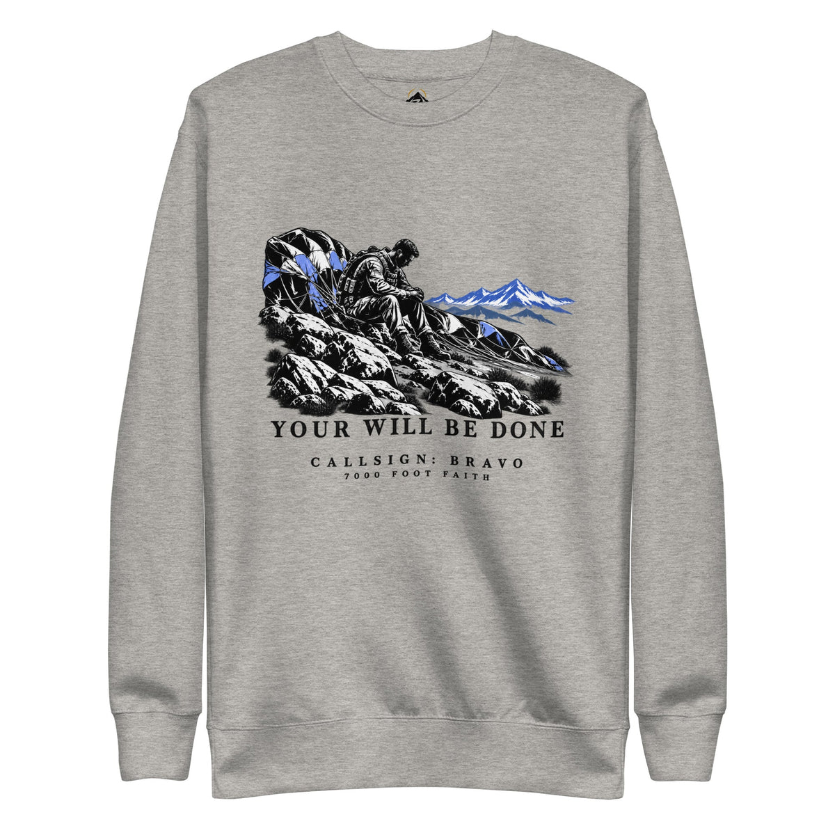 Carbon Grey Your Will Be Done: The Aftermath CALLSIGN: BRAVO crewneck — front mockup with seated figure and fallen parachute artwork