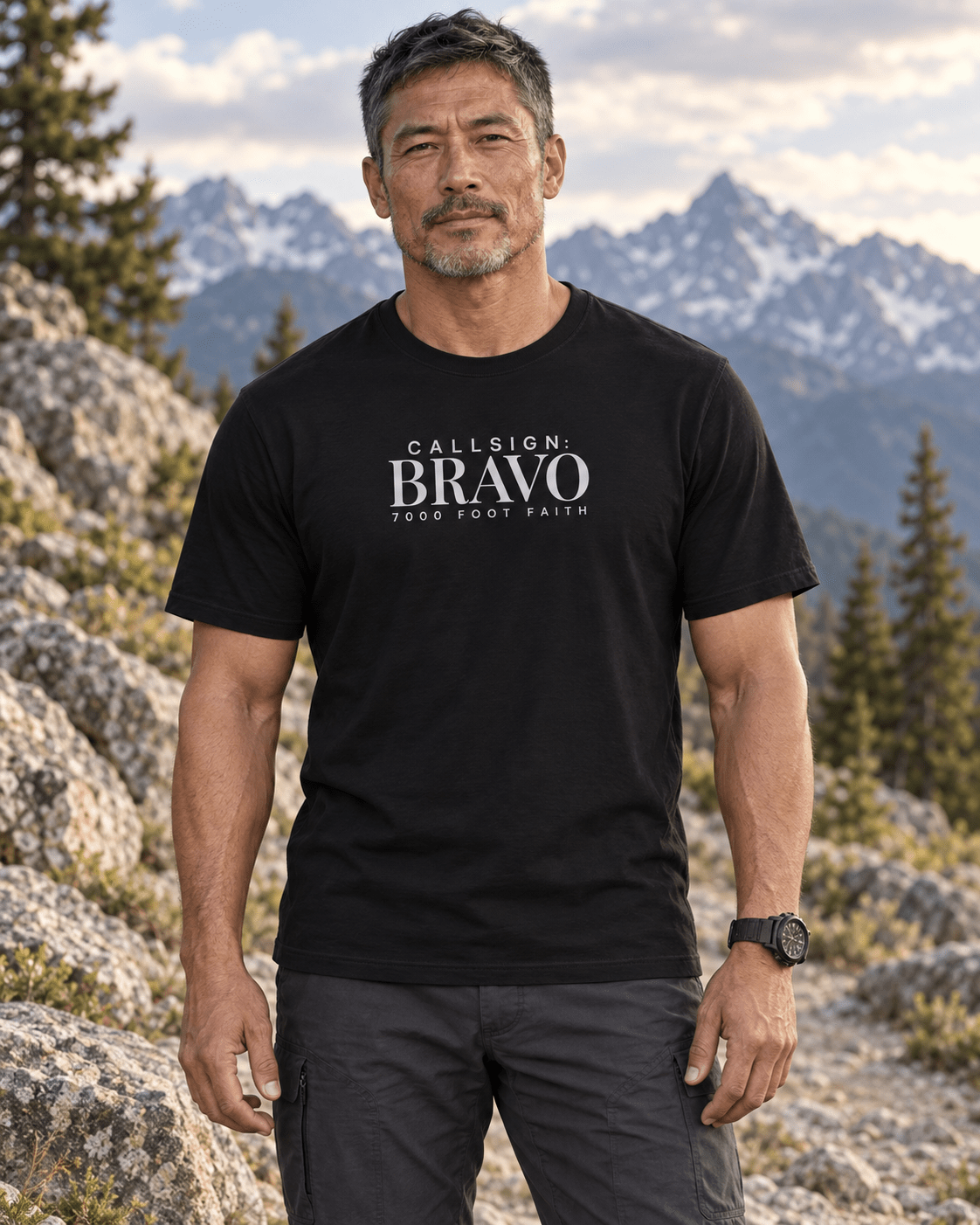 Black Zagros Ridgeline Silver CALLSIGN: BRAVO tee — male model in mountains, front view